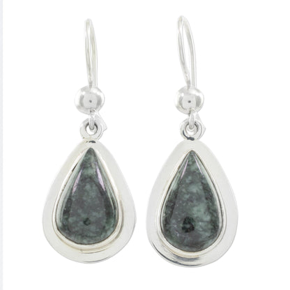 Dark Green Halo Polished Sterling Earrings with Dark Green Maya Jade