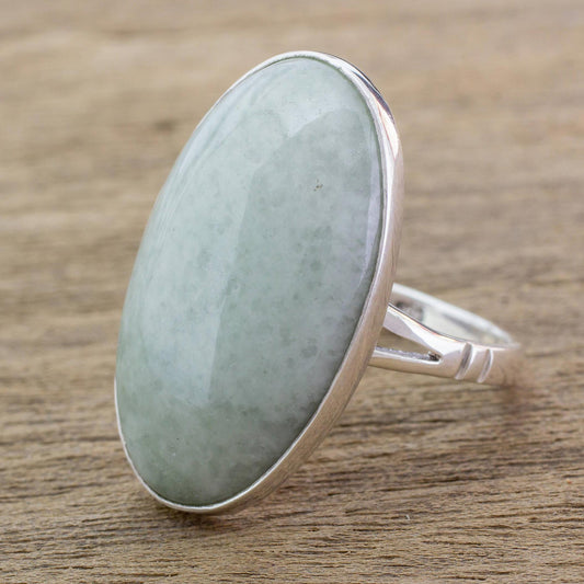 Pale Green Tonalities Handcrafted Minimalist Light Green Jade and Silver Ring