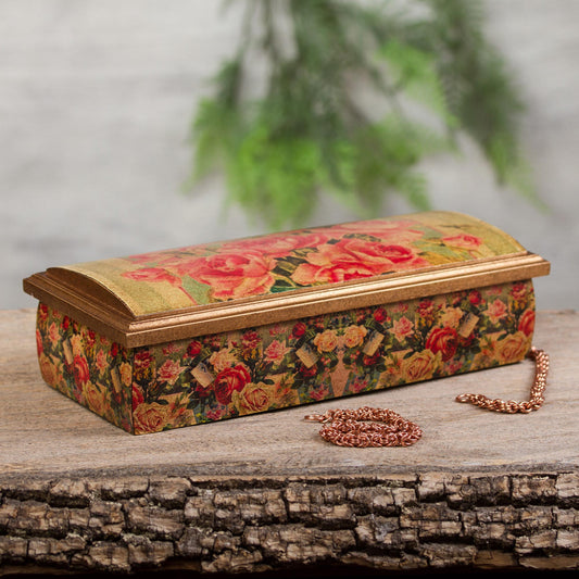 Roses Mexico Handcrafted Floral Decoupage Jewelry Box with Mirror