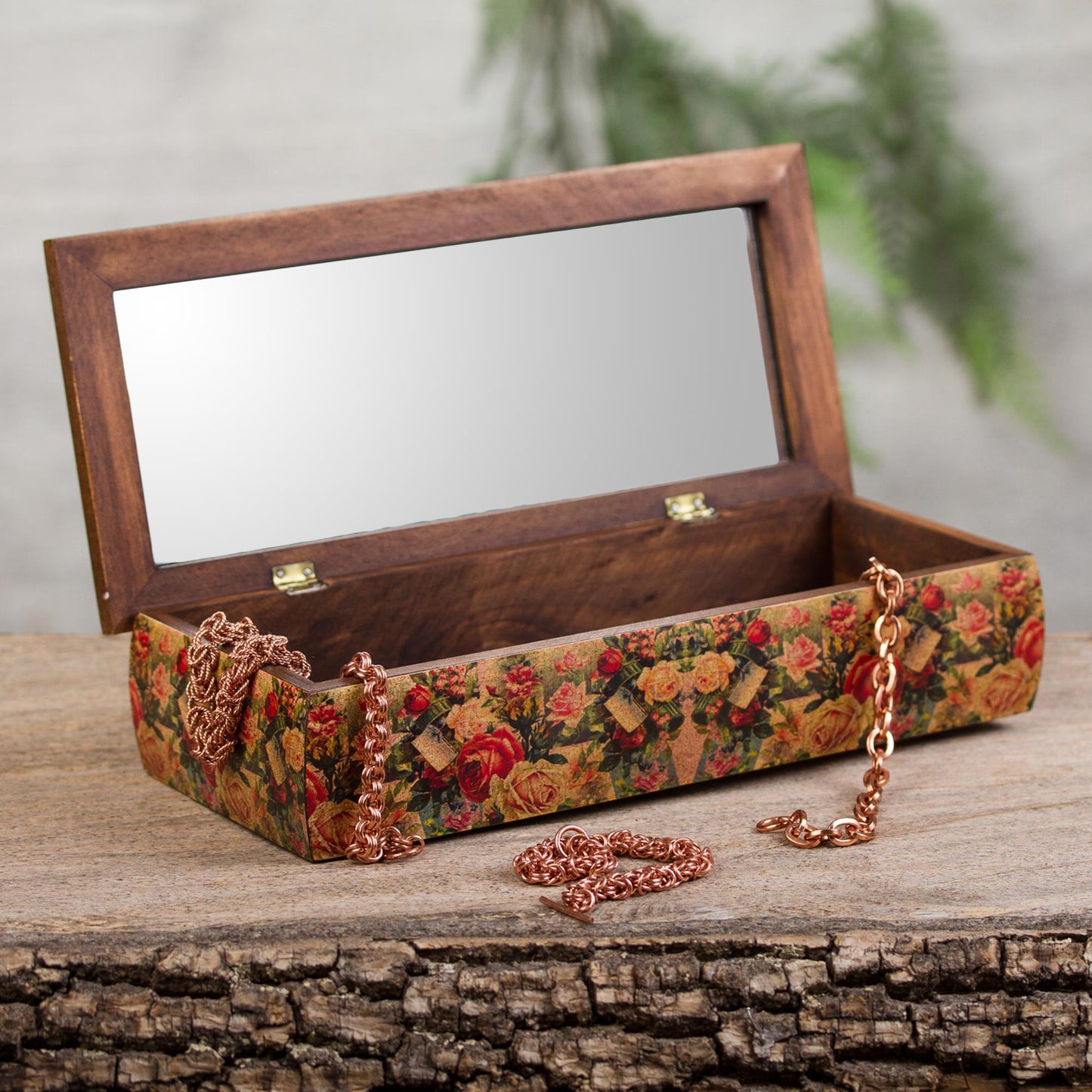 Roses Mexico Handcrafted Floral Decoupage Jewelry Box with Mirror
