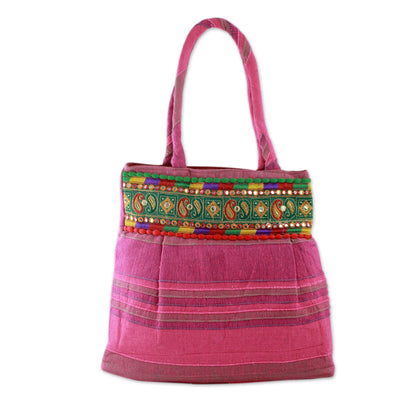 Majestic Pink Pink Cotton Shoulder Bag with Multicolor Embroidery