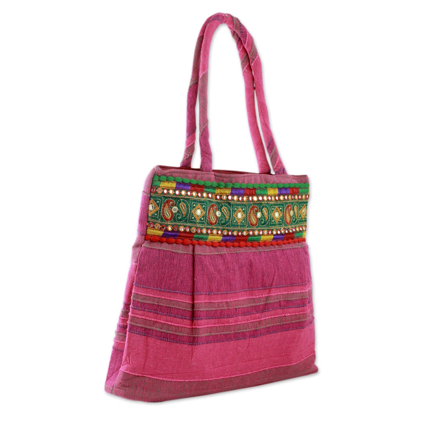 Majestic Pink Pink Cotton Shoulder Bag with Multicolor Embroidery