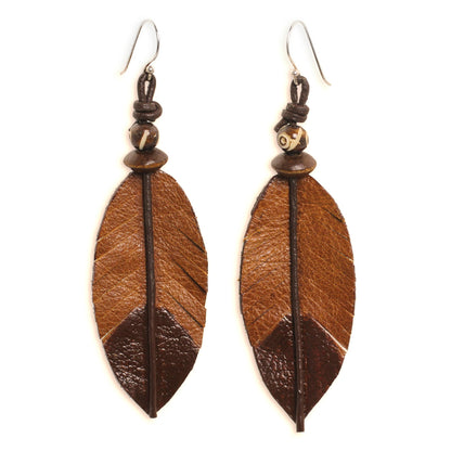 Brown Feather Feather-Shaped Earrings Crafted from Leather, Bone and Wood