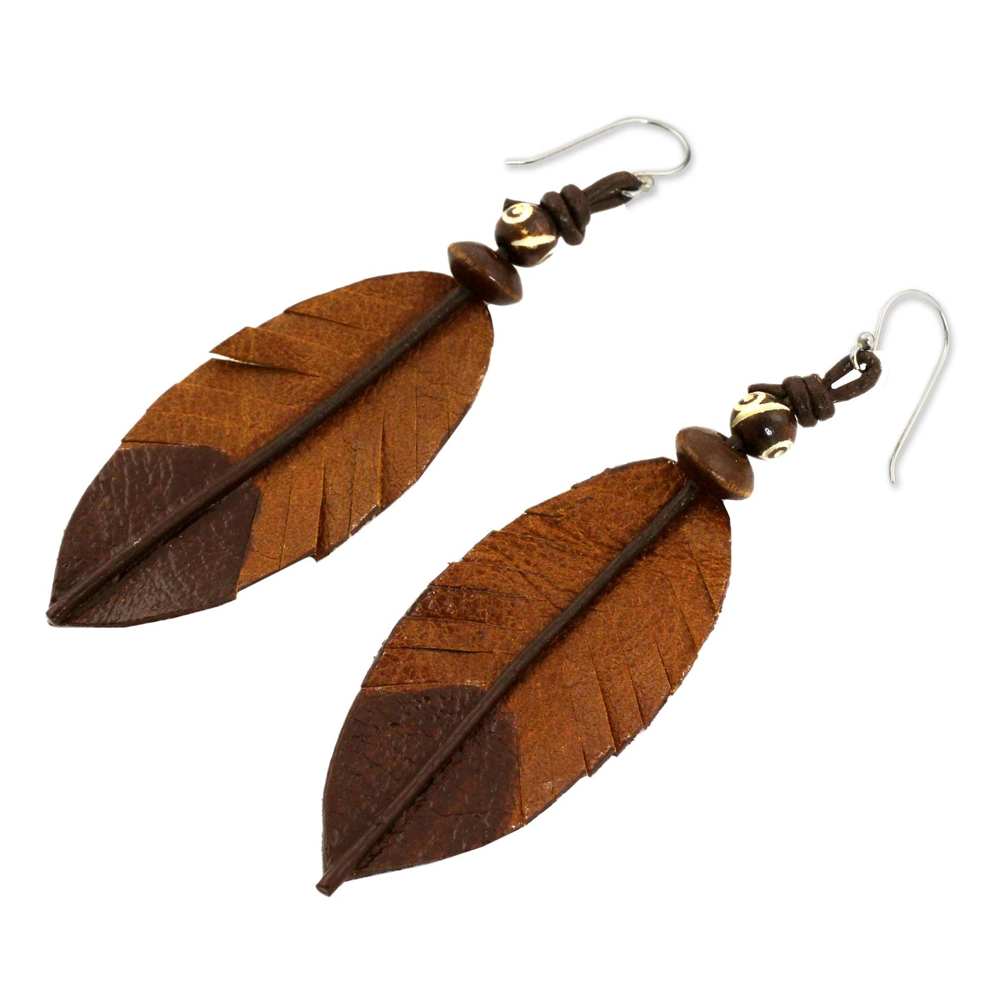 Brown Feather Feather-Shaped Earrings Crafted from Leather, Bone and Wood