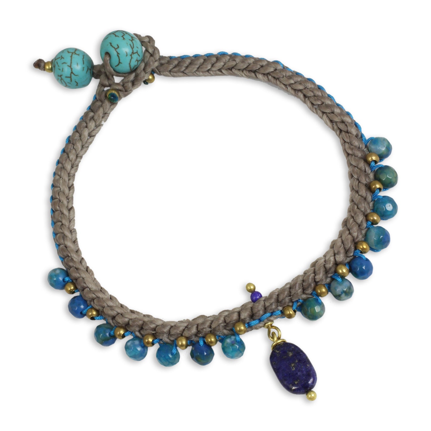 Mae Sa Cascade Lapis Lazuli and Agate Braided Bracelet with Brass Beads