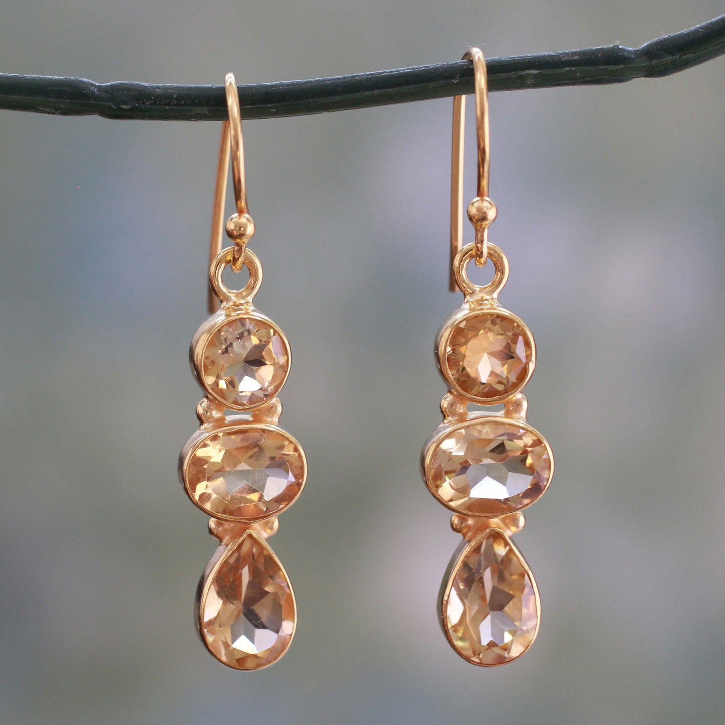 Golden Dazzle 22k Gold Plated Dangle Earrings with Citrine Gems