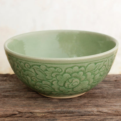 Green Peony Artisan Crafted Floral Theme Thai Celadon Ceramic Bowl