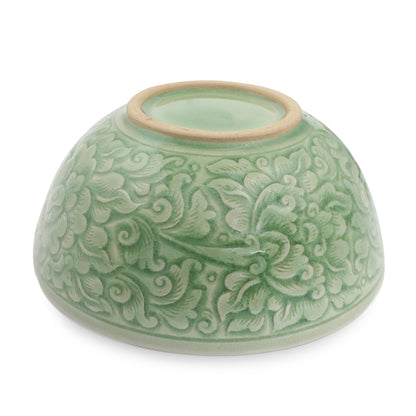 Green Peony Artisan Crafted Floral Theme Thai Celadon Ceramic Bowl