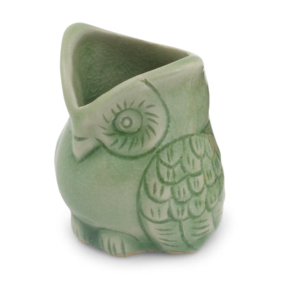 Happy Green Owl Handcrafted Green Thai Celadon Bird Theme Pot