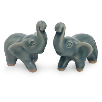 Lucky Blue Elephants 2 Blue Celadon Ceramic Handcrafted Lucky Elephant Figurines