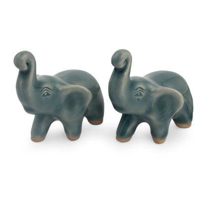 Lucky Blue Elephants 2 Blue Celadon Ceramic Handcrafted Lucky Elephant Figurines
