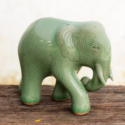 Purposeful Elephant Celadon Ceramic Elephant Figurine by Thai Artisans