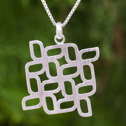 Windmill Squared Artisan Crafted Brushed Sterling Silver Pendant Necklace