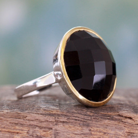 Mystical Allure 18k Gold Accented Onyx and Sterling Silver Cocktail Ring