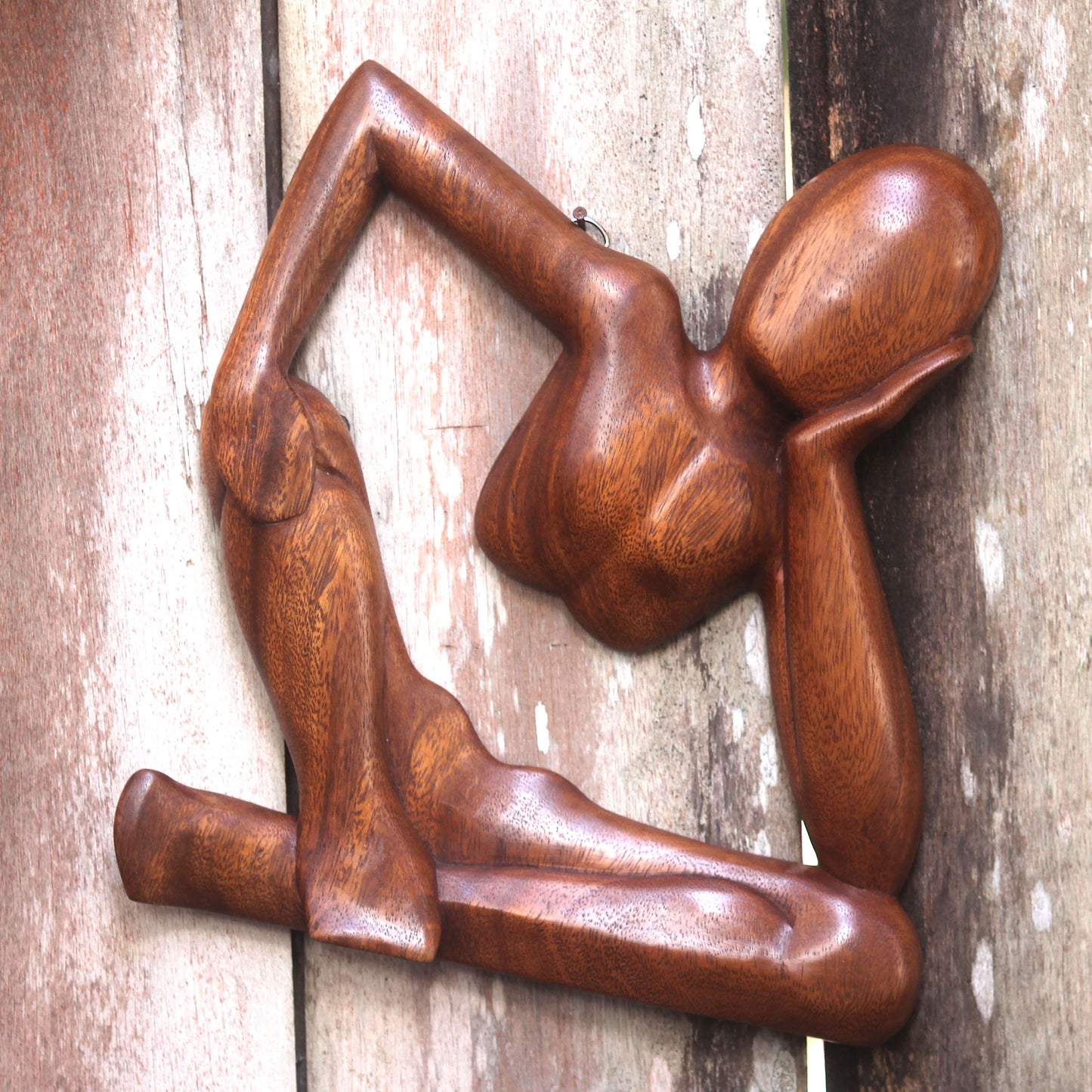 Relaxing Artisan Handmade Brown Wood Wall Sculpture of Relaxed Figure