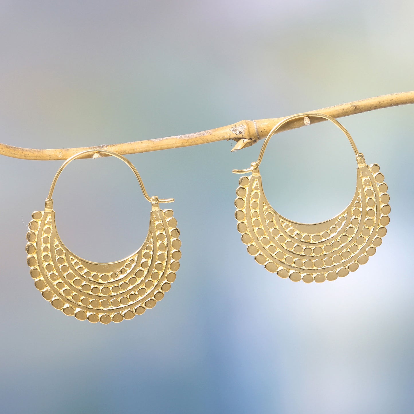 Golden Crescent Artisan Crafted 22k Gold Plated Hoop Style Earrings