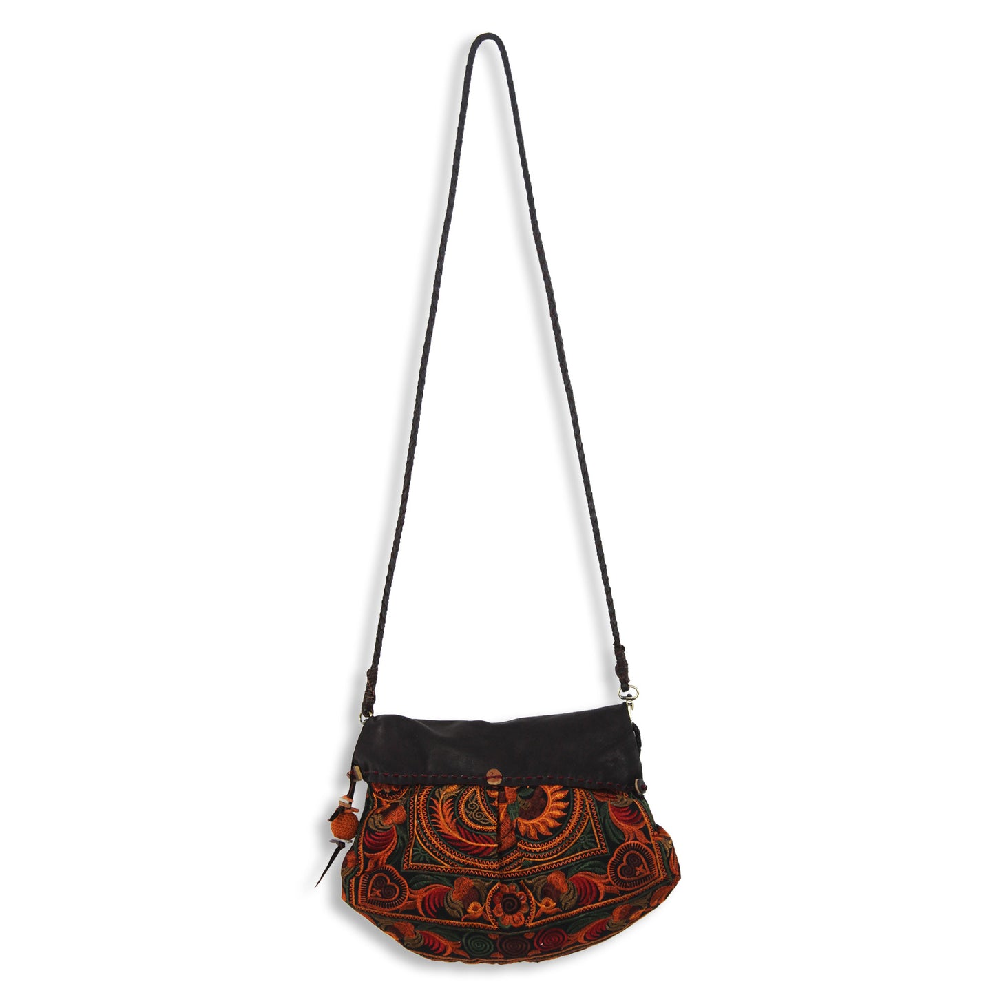 Mandarin Smile Leather Accent Embroidered Hill Tribe Shoulder Bag with Flap