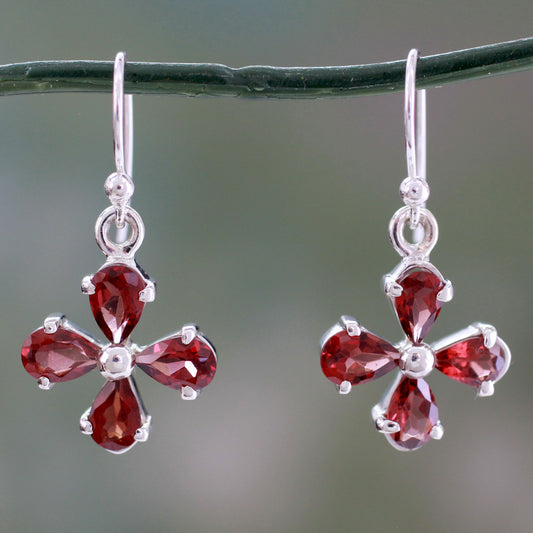 Scarlet Blossom Genuine Garnet Flower Earrings in 925 Sterling Silver