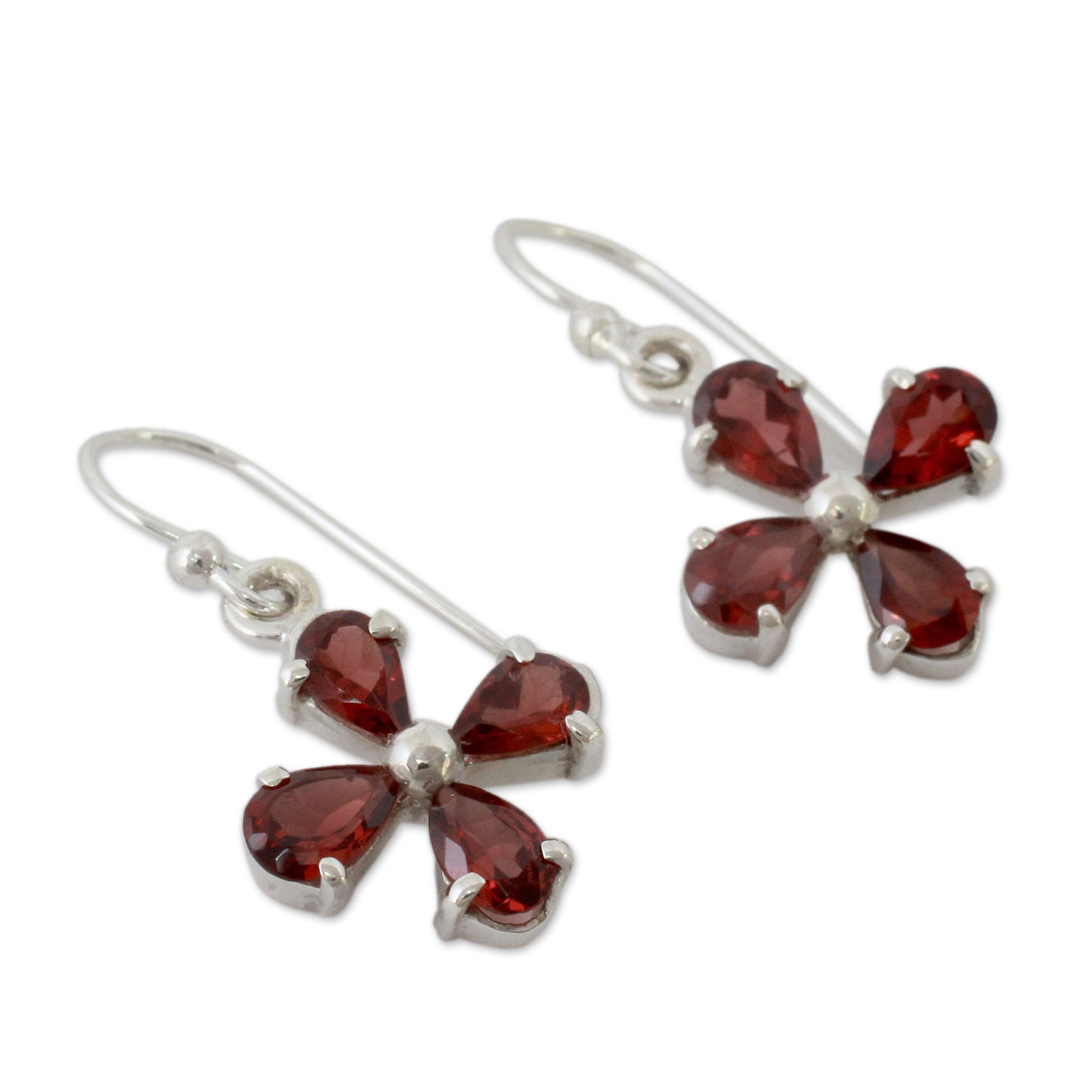 Scarlet Blossom Genuine Garnet Flower Earrings in 925 Sterling Silver