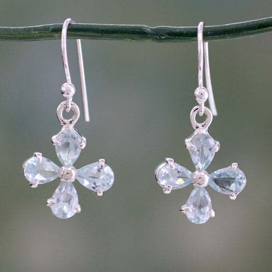 Sky Blue Blossom Flower Shaped Blue Topaz Dangle Earrings in 925 Silver