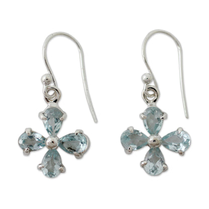 Sky Blue Blossom Flower Shaped Blue Topaz Dangle Earrings in 925 Silver