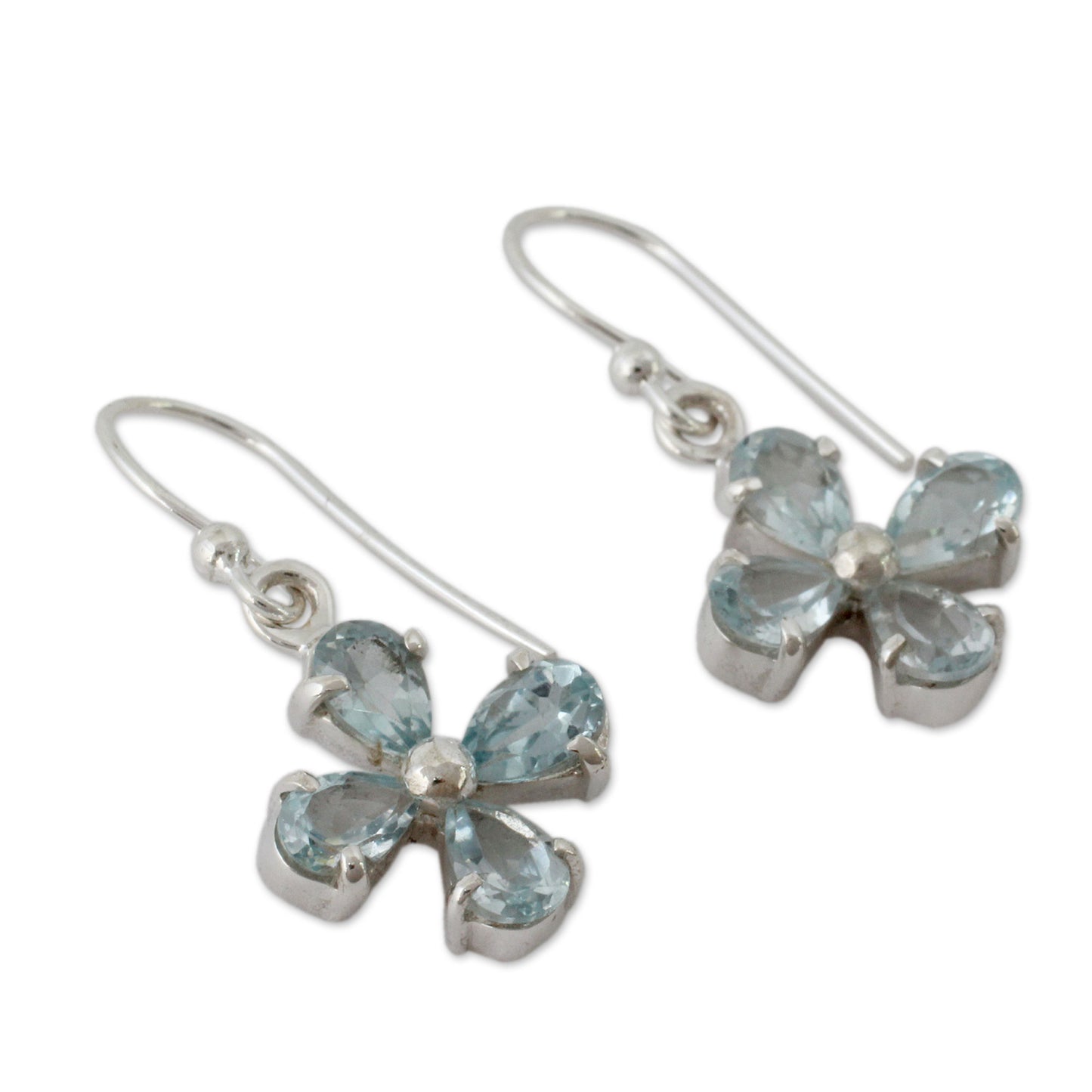 Sky Blue Blossom Flower Shaped Blue Topaz Dangle Earrings in 925 Silver