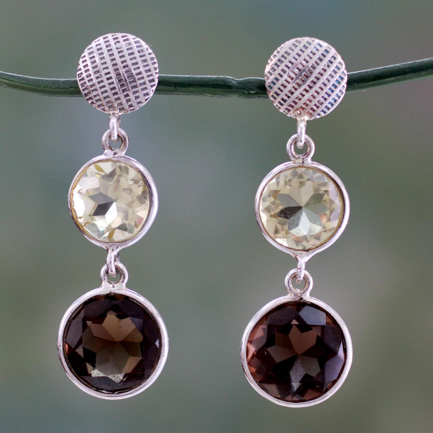 Smoke and Fire Faceted Lemon Quartz and Smoky Quartz Earrings