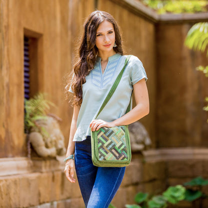 Dark Green Siam Cotton Thai Applique Shoulder Bag in Green with 3 Pockets