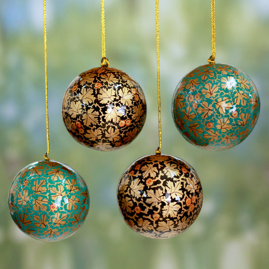 Chinar Cheer Green and Black Leaf Pattern Holiday Ornaments (set of 4)