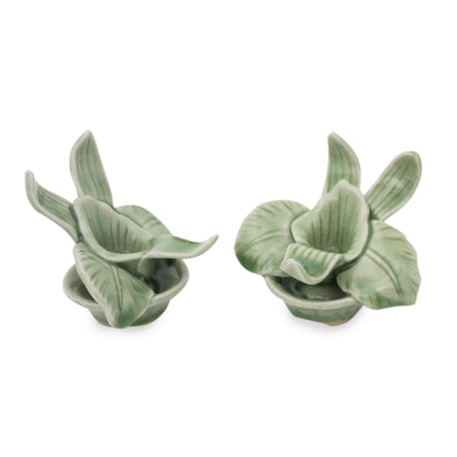 Thai Jade Orchids Green Celadon Ceramic Orchid Shaped Candle Holders (Pair)