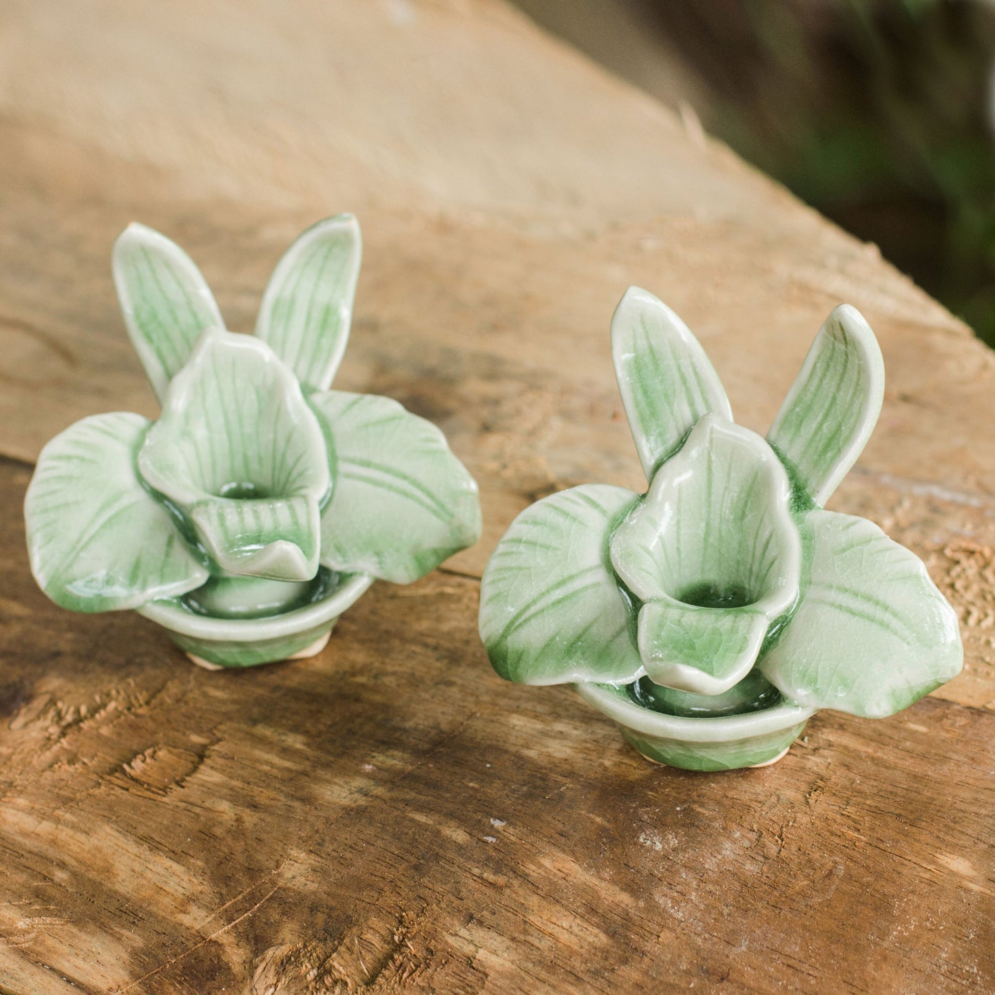 Thai Jade Orchids Green Celadon Ceramic Orchid Shaped Candle Holders (Pair)