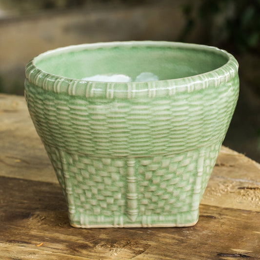 Basket Woven Look Ceramic Vase in Green Celadon Glaze (Large)