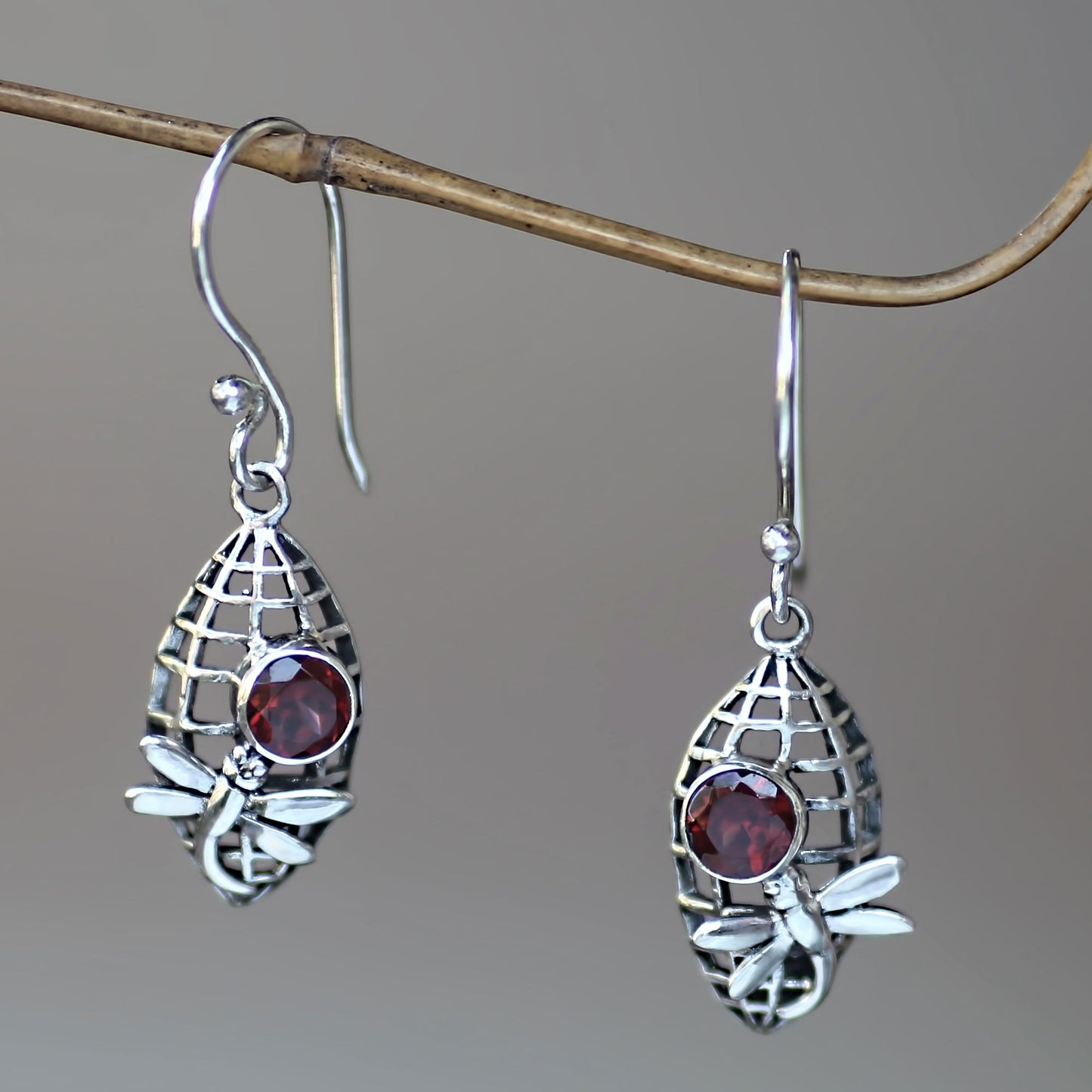 Kintamani Dragonfly in Crimson Silver Dragonfly Earrings with 1 Carat Garnet Accents