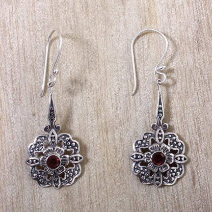 Red Rafflesia Fair Trade Garnet Dangle Earrings with Floral Motif