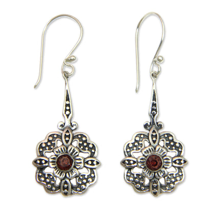 Red Rafflesia Fair Trade Garnet Dangle Earrings with Floral Motif