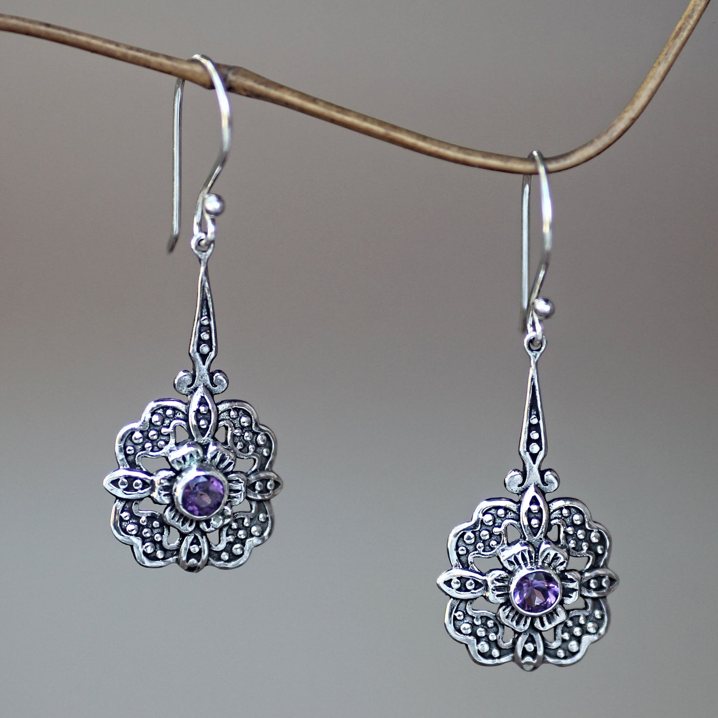 Purple Rafflesia Amethyst-Centered Flower Earrings Handmade in Bali