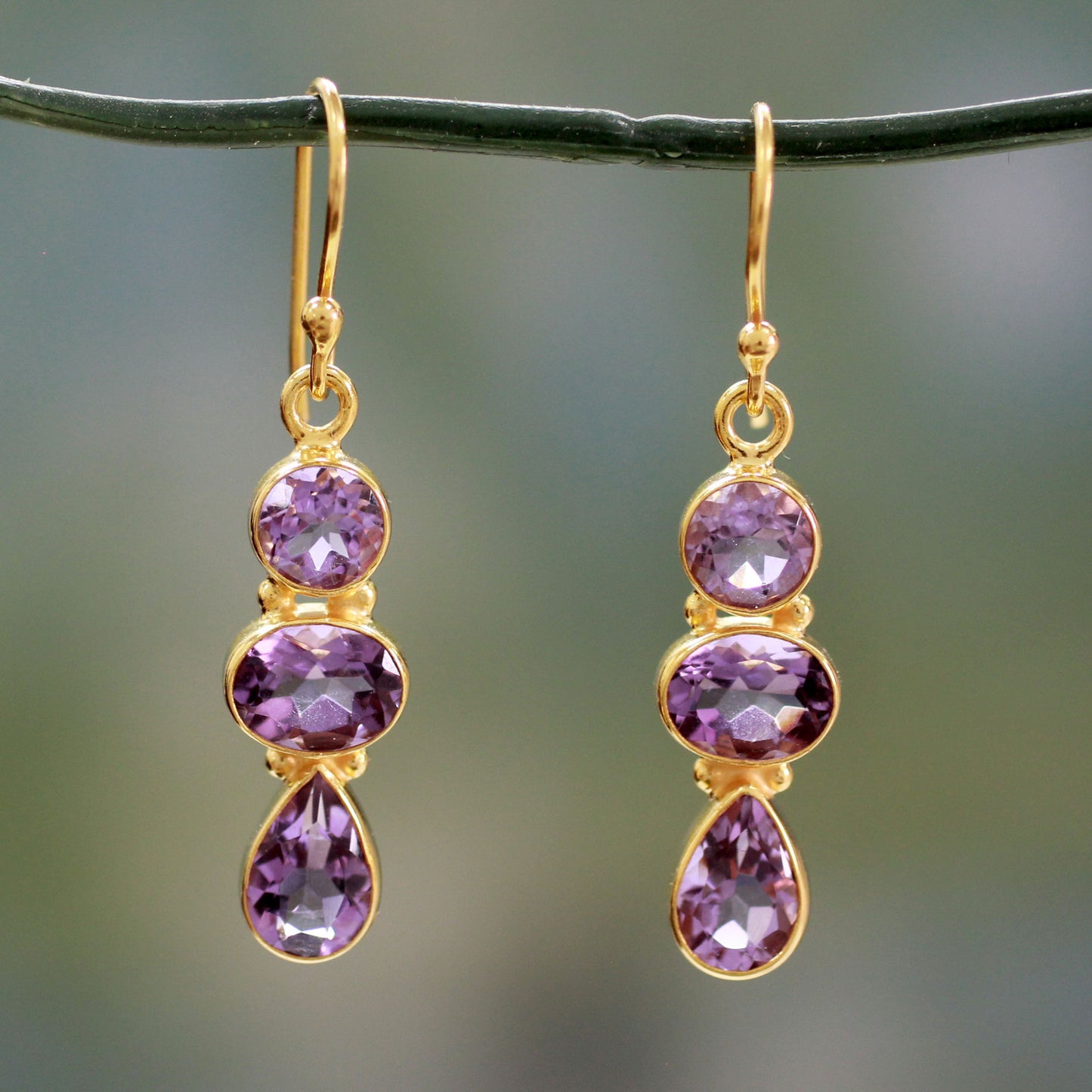 Lilac Triad Amethyst Gold-Plated Dangle Earrings