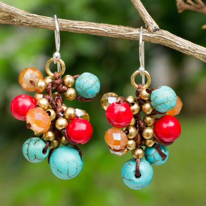 Blue Fire Cattlelaya Blue and Red Gemstone Clusters on Hand Knotted Earrings