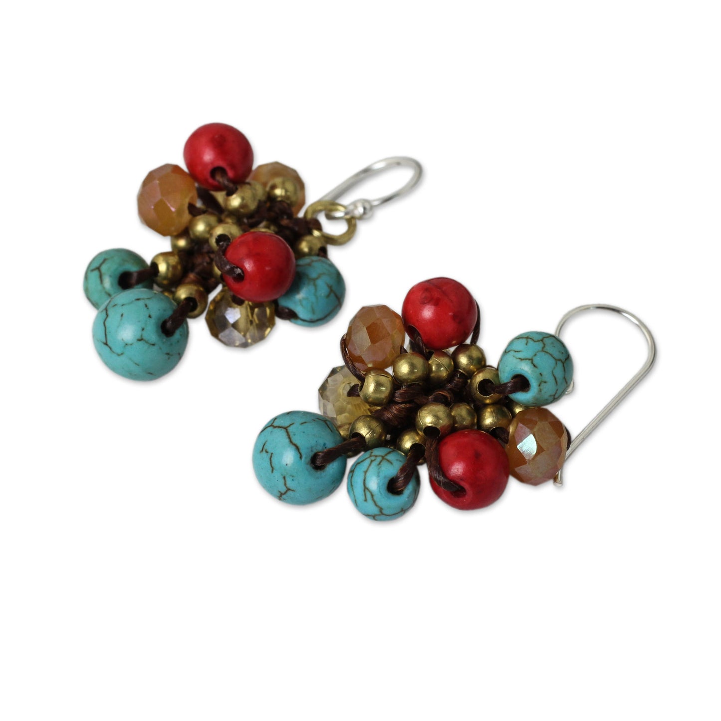 Blue Fire Cattlelaya Blue and Red Gemstone Clusters on Hand Knotted Earrings