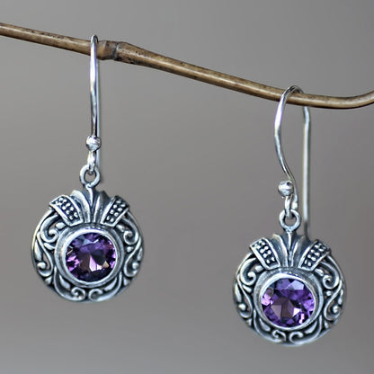 Lilac Ladybug Round Silver and Amethyst Dangle Style Earrings