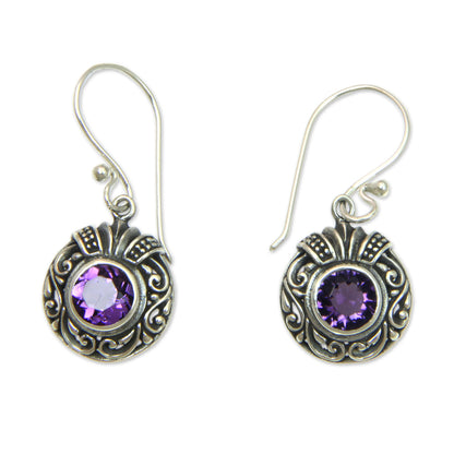 Lilac Ladybug Round Silver and Amethyst Dangle Style Earrings