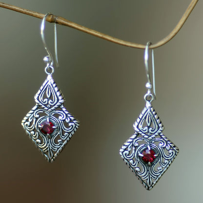 Sacred Forest Fair Trade Sterling Silver and Garnet Ornate Dangle Earrings