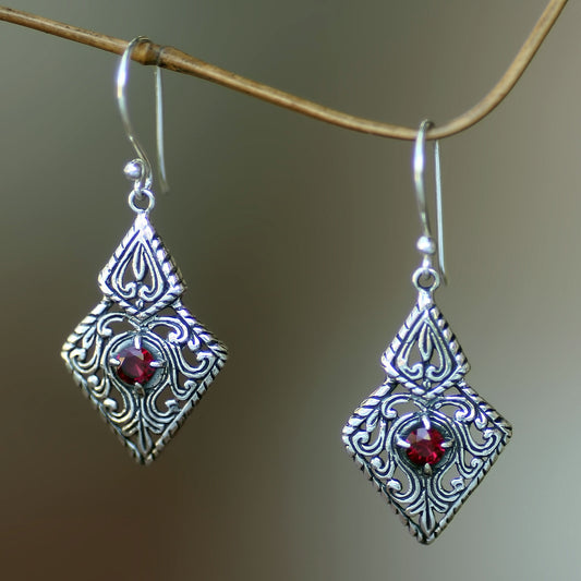 Sacred Forest Fair Trade Sterling Silver and Garnet Ornate Dangle Earrings