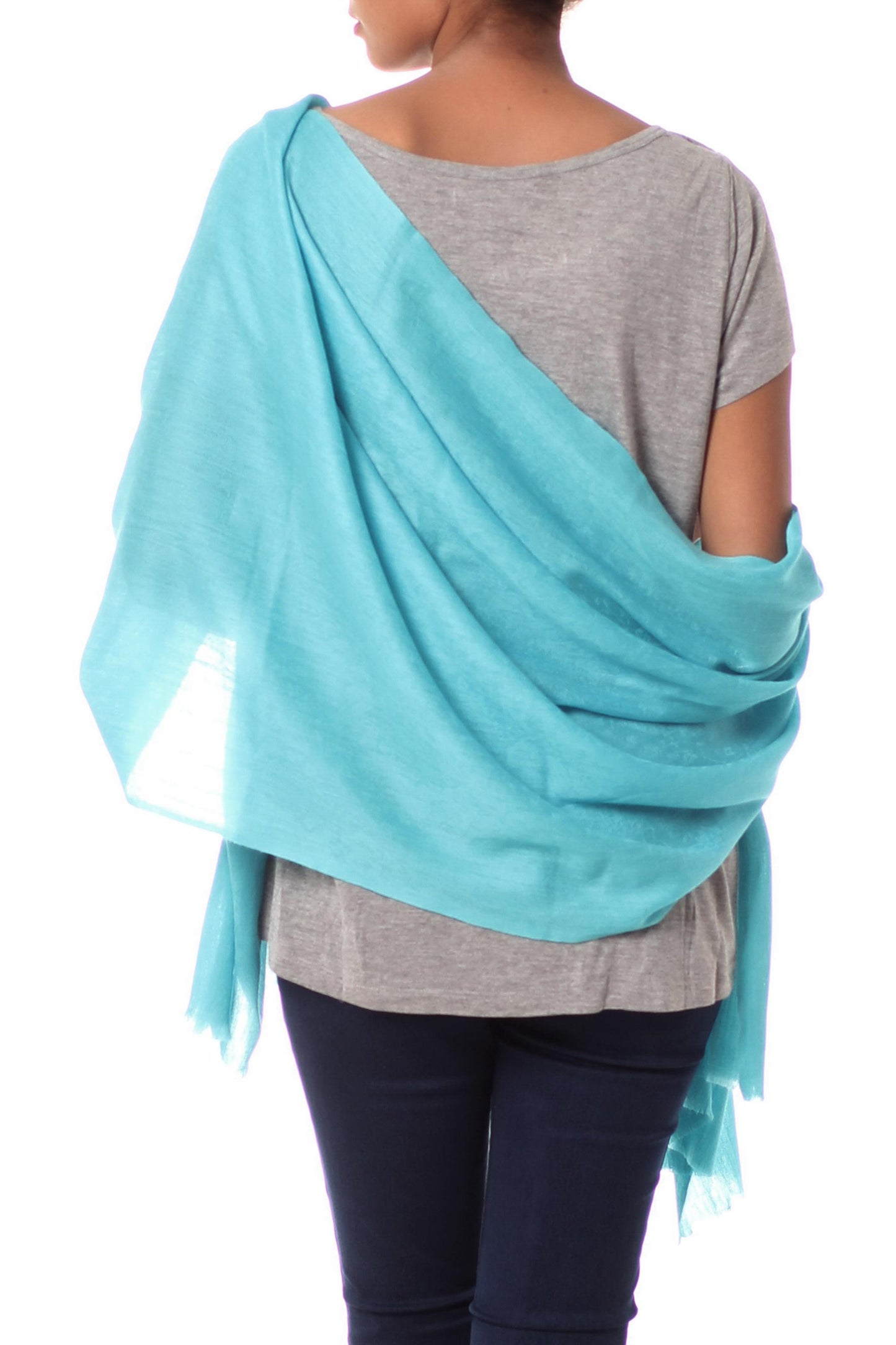 Cyan Glamour All-Wool Sky Blue Women's Shawl Handwoven in India