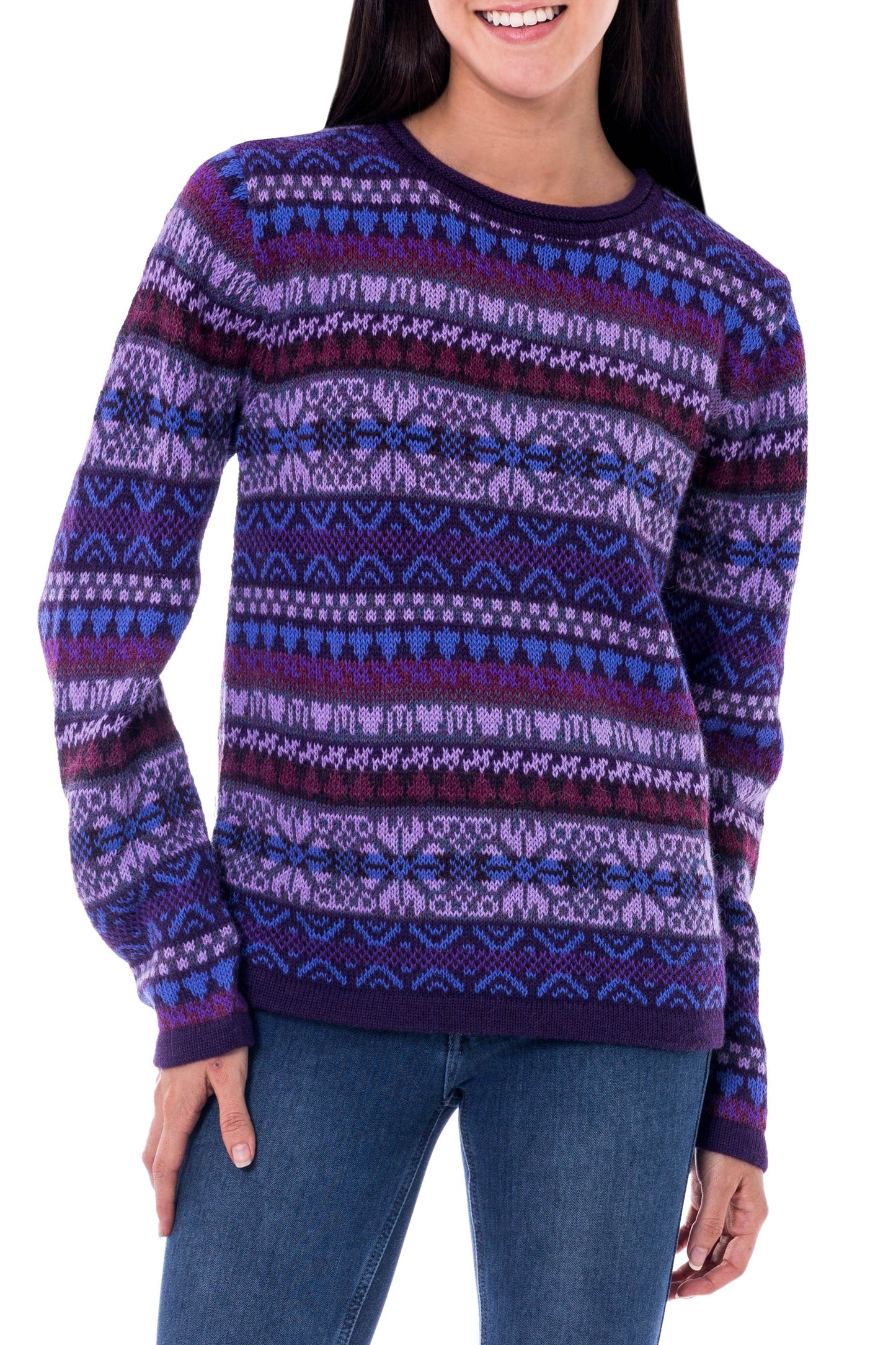 Purple Poppy Knit 100% Alpaca Snowflake Pattern Pullover Sweater
