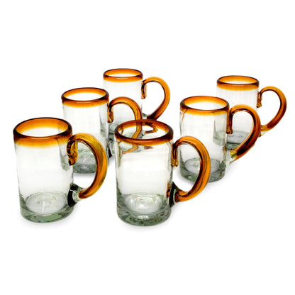 Amber Beer Hand Blown Beer Glasses with Amber Handle and Rim (Set of 6)