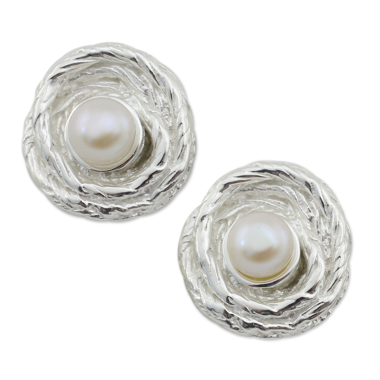 Coils Artisan Crafted Cultured Pearl Thai Silver Button Earrings