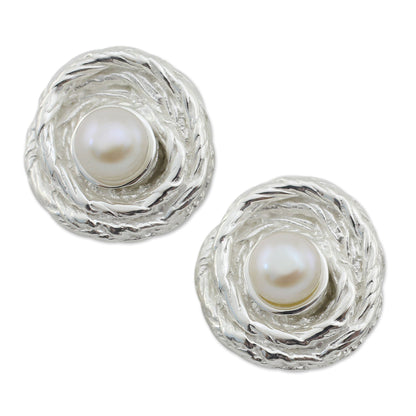 Coils Artisan Crafted Cultured Pearl Thai Silver Button Earrings