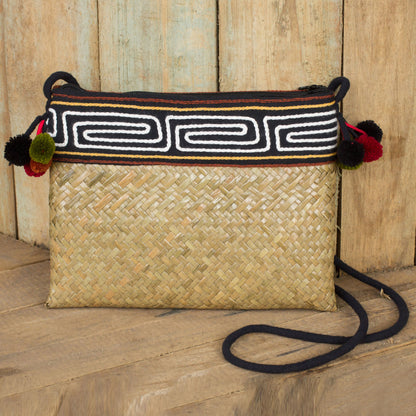 Akha Wonder Hand Woven Natural Fiber Shoulder Bag with Thai Pompoms