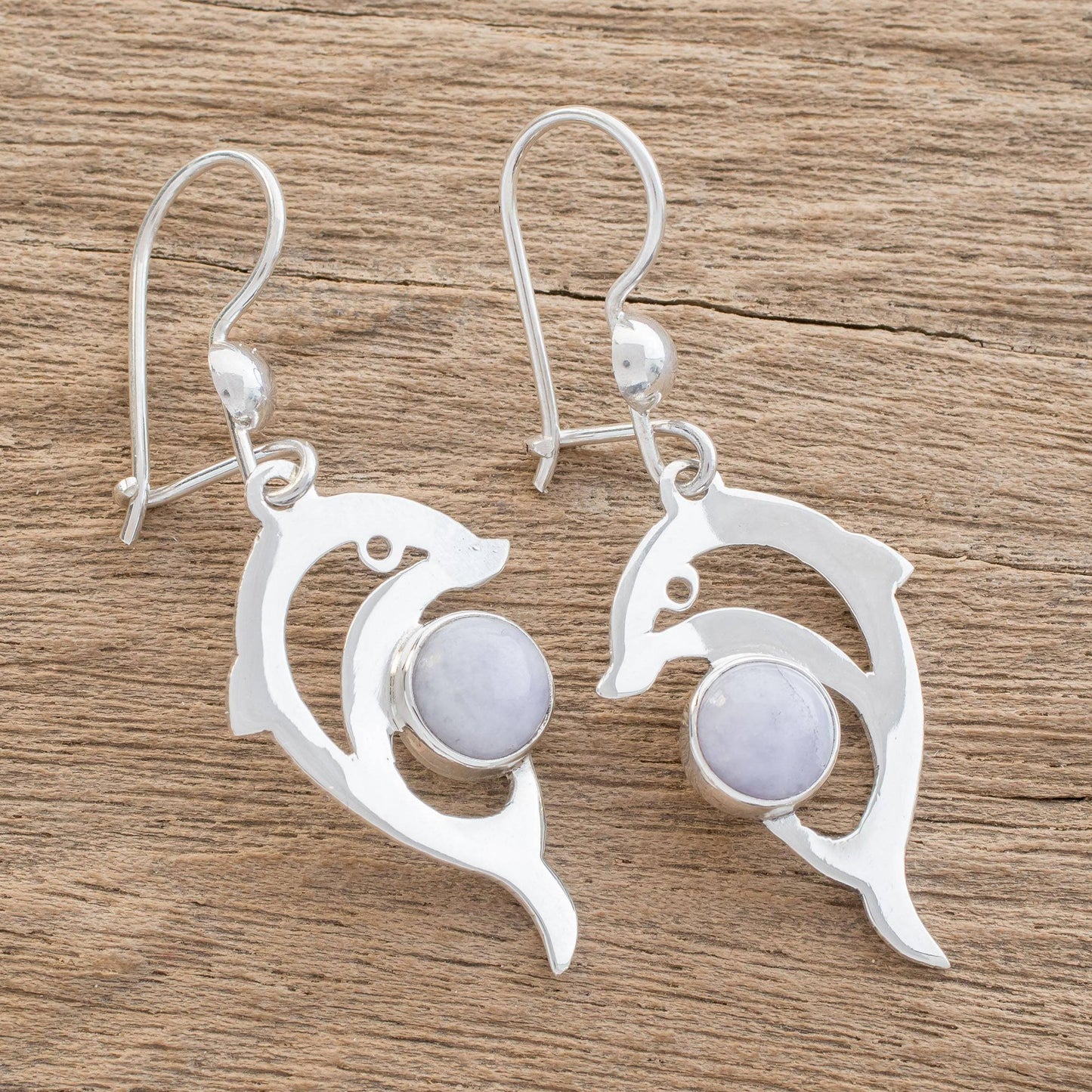 Lilac Dolphin Handmade Silver Dolphin Earrings with Lilac Maya Jade